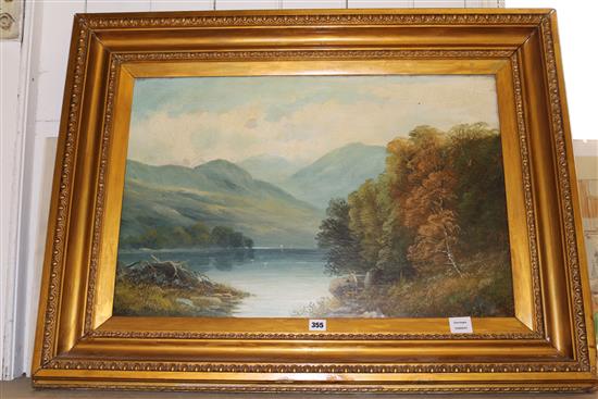 19th century English School, oil on canvas, Mountainous lake scene